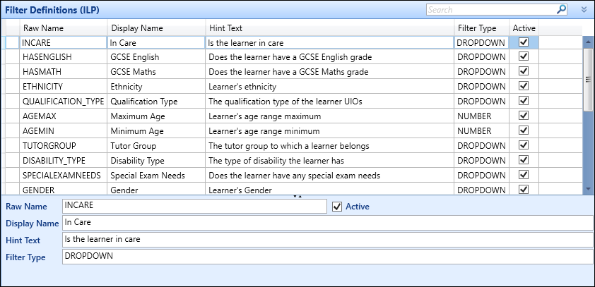 Filter Definitions (ILP) reference data